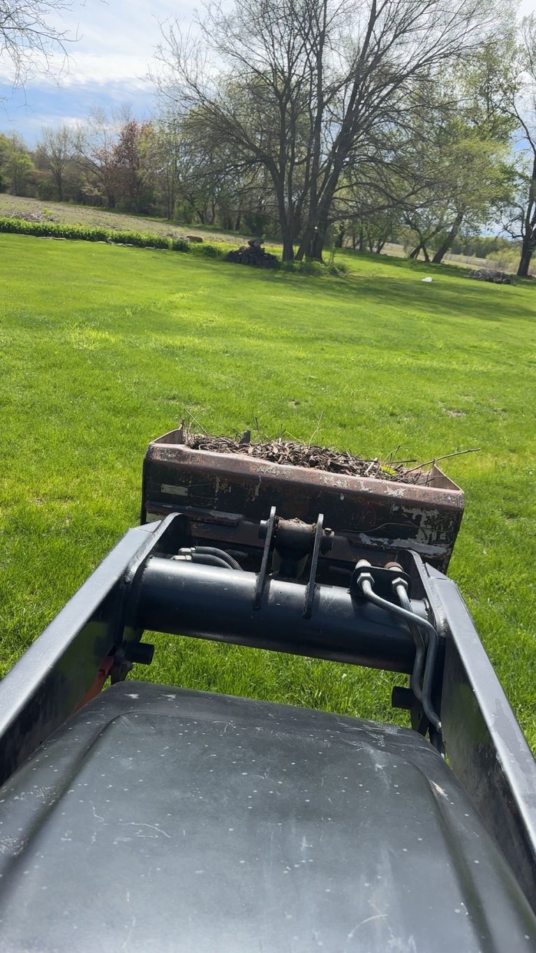 Open trailer bed with dirty roller mechanism in grassy park setting with trees and blue sky